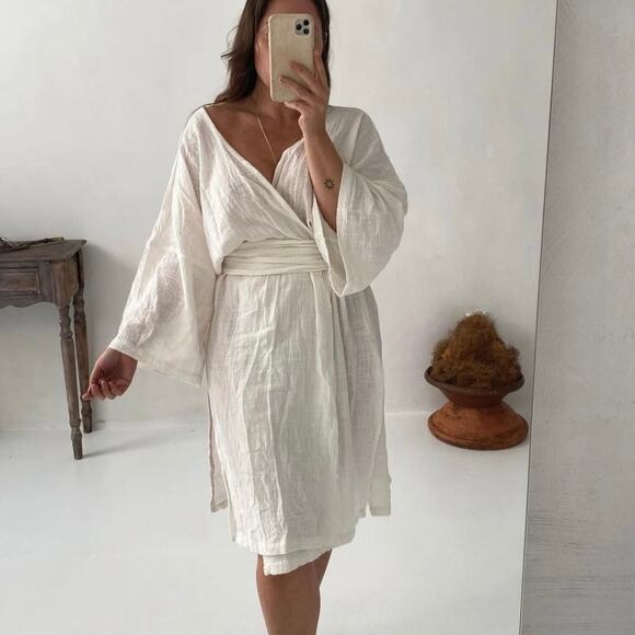 Avy & Co Kimono Cape Womens One Size Ivory White Woven Gauze Cotton Robe - Picture 2 of 8